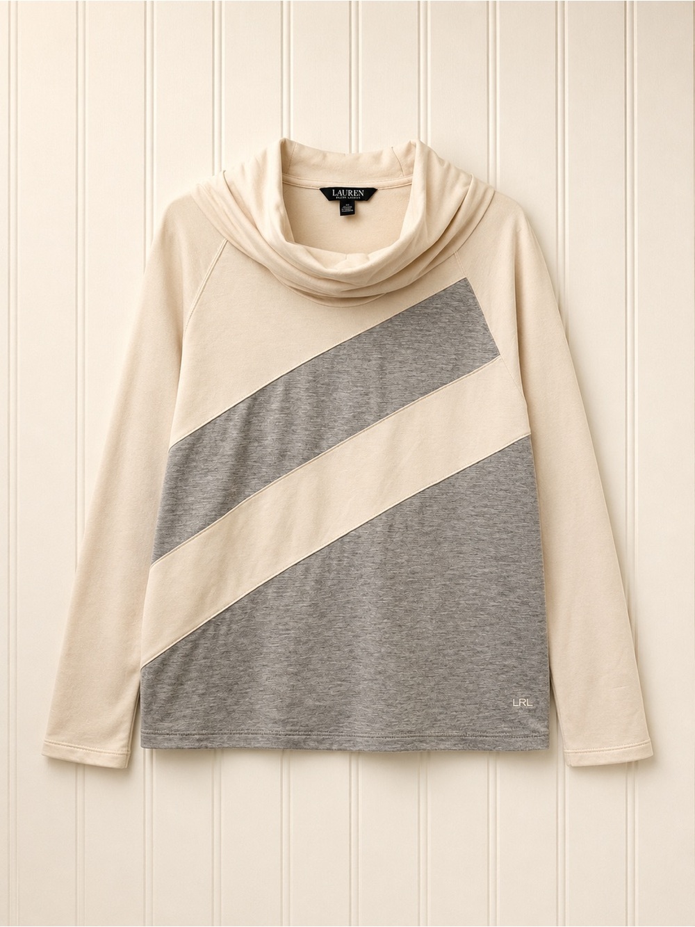 Lauren Ralph Lauren Cream and Gray Diagonal Stripe Cowl Neck Long Sleeve